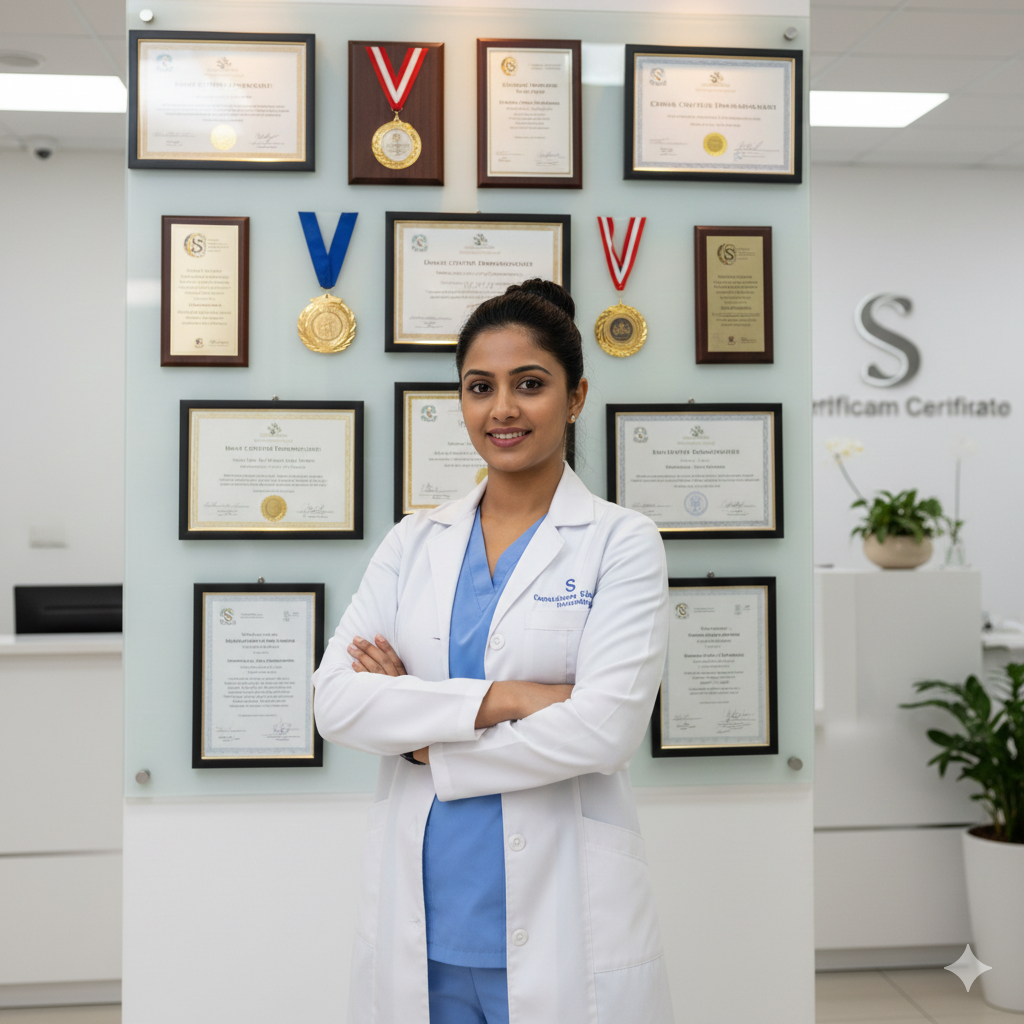 A female dermatologist standing confidently in a clinic, wearing a white coat, with multiple medical certificates and awards displayed on the wall behind her.