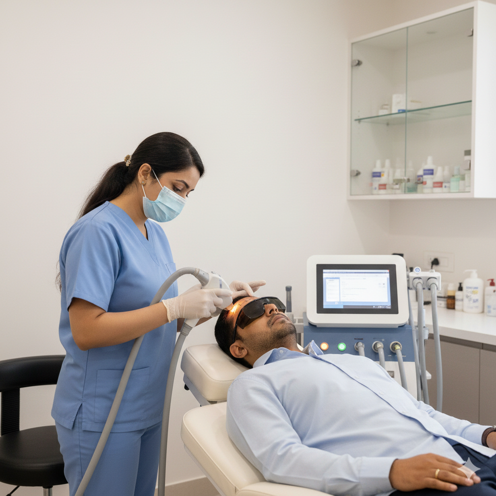 A dermatologist performing a laser treatment on a patient at the best skin and hair clinic in Ahmedabad, using modern equipment in a professional clinical setup.