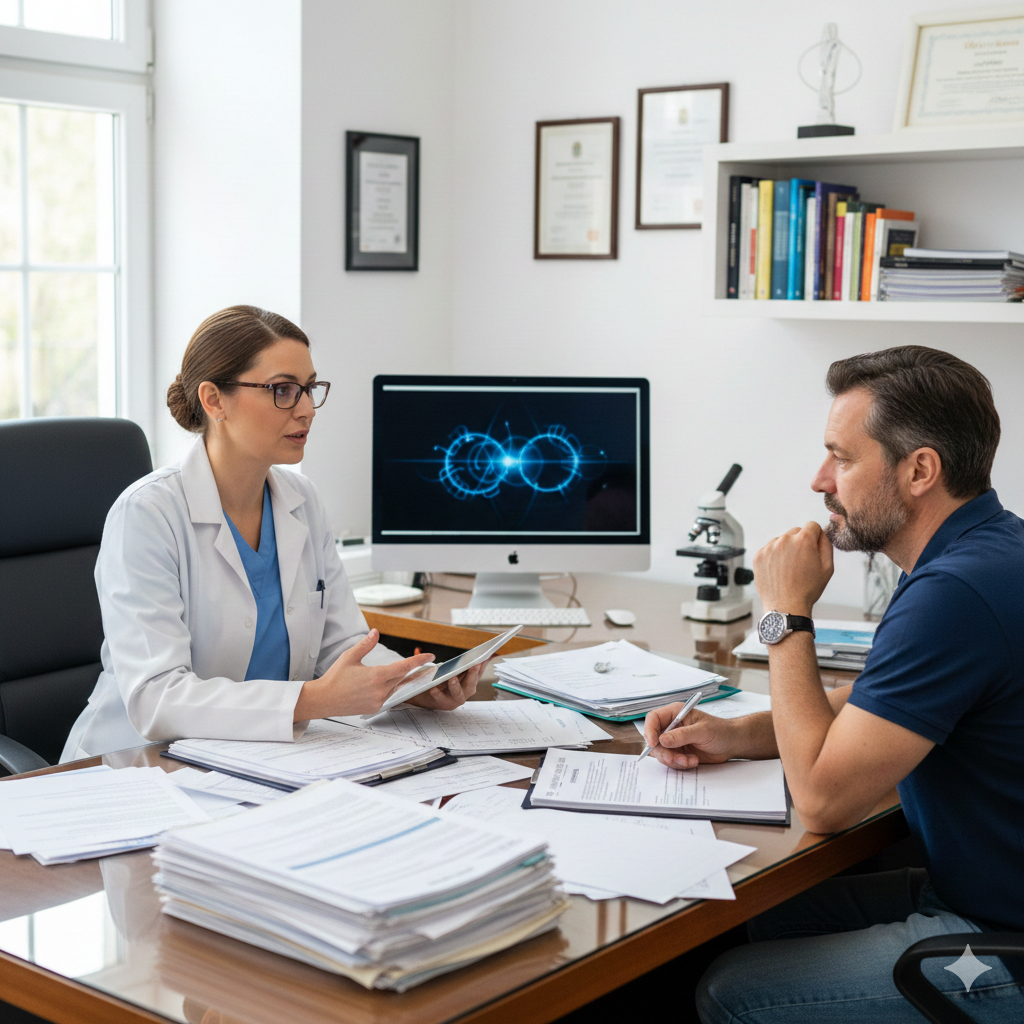 Dermatologist in Ahmedabad discussing skin or hair issues with a patient, friendly and approachable expression, patient asking questions, clinic background.”