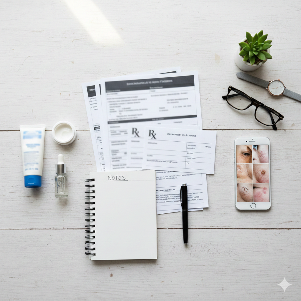 Flat lay image of dermatologist appointment essentials — medical reports, prescriptions, skincare products, notepad, phone with photos of skin concerns — clean background, professional layout